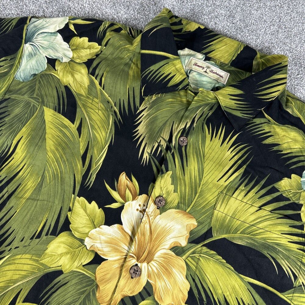 Tommy Bahama Shirt Men’s Black Silk Floral Hawaiian Button Up Camp Size XL
